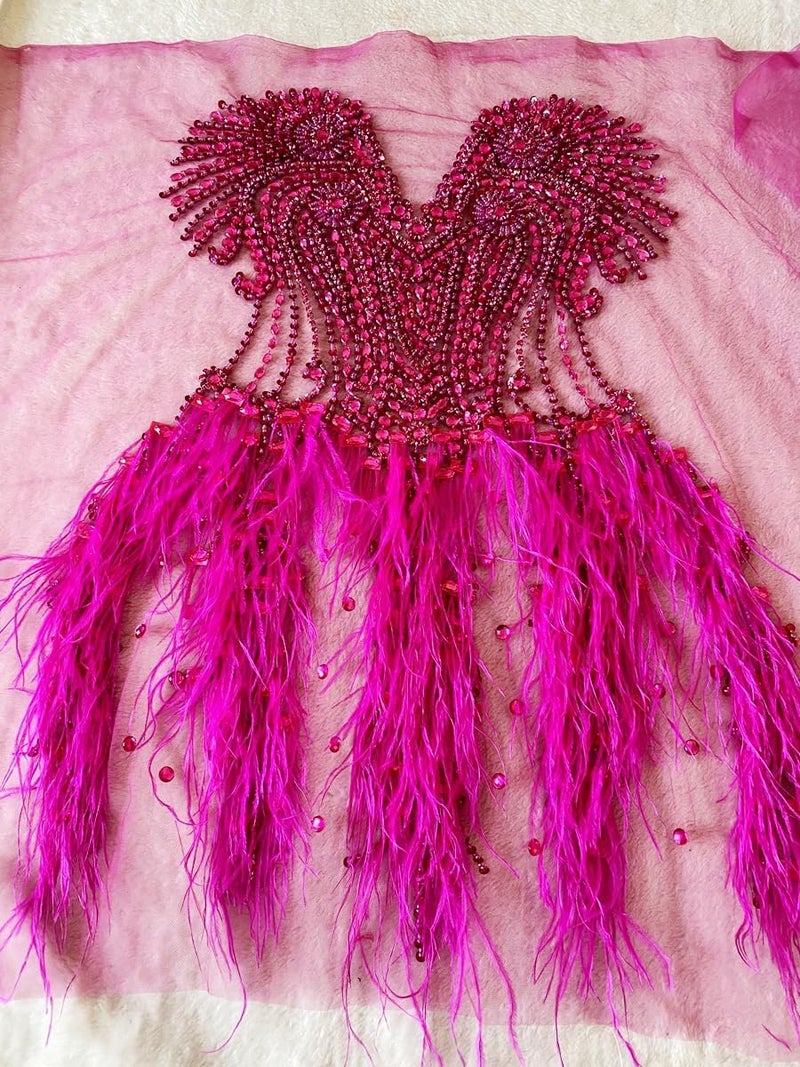Zbroh Beautiful Ostrich fur decoration large full bodice applique pure handsewing rhinestones beads lace trim patches - Image 4